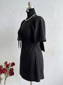 Plus Size Short Princess Dress, Loose Fit, With Gathered Neckline And Short Sleeves, Elegant, Sizes 46 To 56 - 黑色 - 查看 4