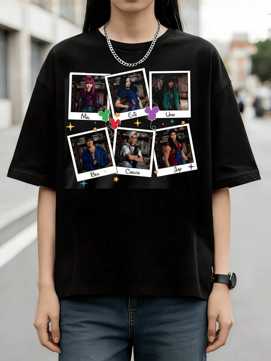 Retro Unisex Graphic Tee, D-Descendantss Six Main Character  Photo  Balloon Star Decor Black Background Vintage  Fantasy Movie Pr - Black - View 1