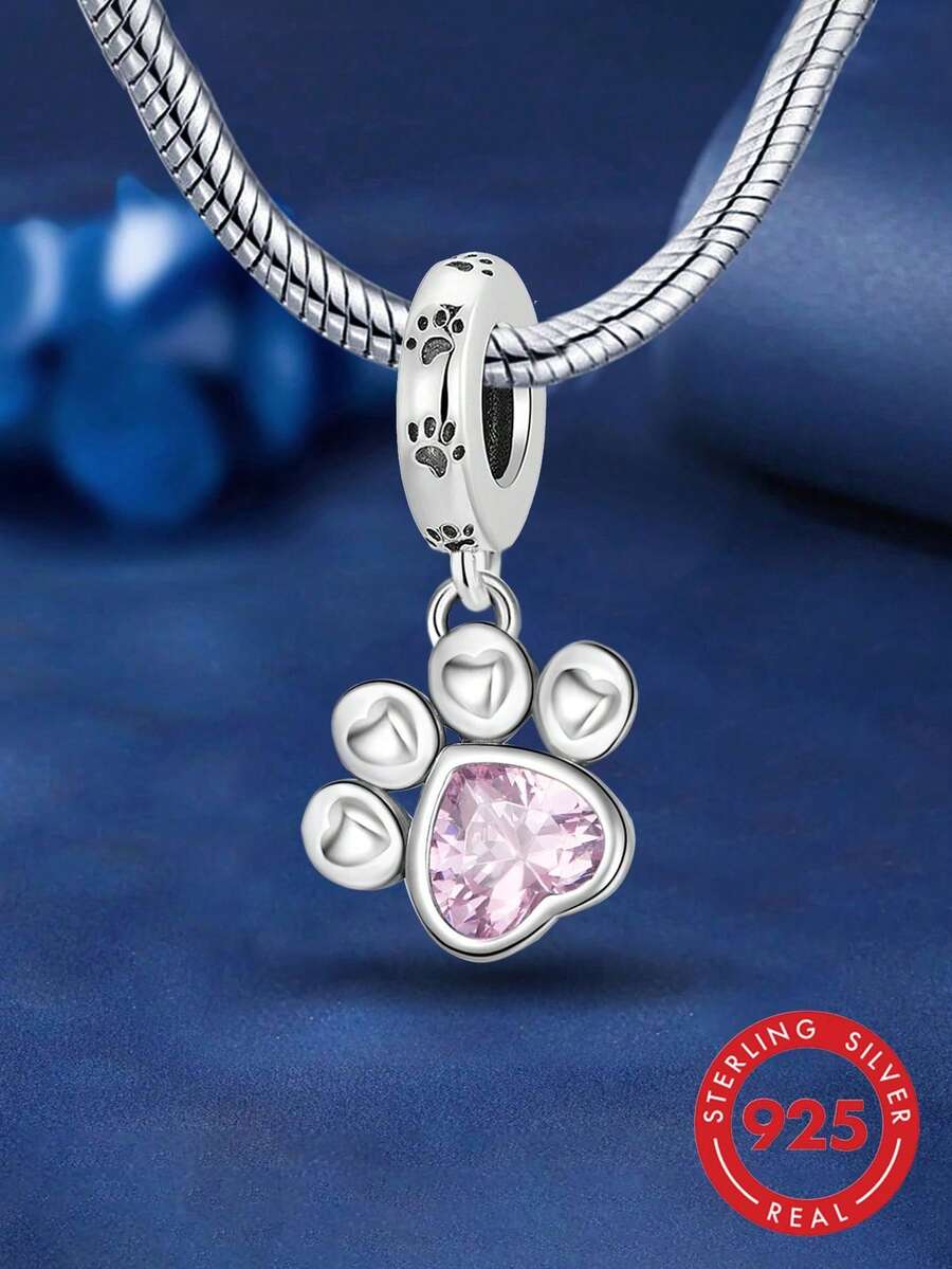 1颗925纯银粉色爪印吊坠珠，适合DIY手链，女士饰品