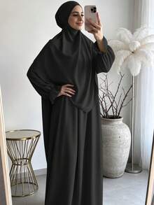 柔軟布料 Khimar 長袍套裝，寬鬆大尺碼長袖保守全身長洋裝，適合中東女性日常街頭穿著 - 彩色 - 查看 38