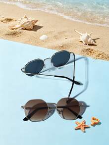 2 PCS Kid's 7-12Y Polygon Geometric Fashion Glasses Lightweight Metal Frame Soft Tinted Lenses Retro Style For Outdoor Trip With Glasses Box - Multicolor - View 5