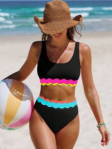 popvil Set Bikini Ruffle Sporty Wanita, Atasan Tank Top & Baju Renang Dua Potong Pinggang Tinggi yang Lucu, Cocok untuk Liburan Musim Panas di Pantai - Hitam - View 4