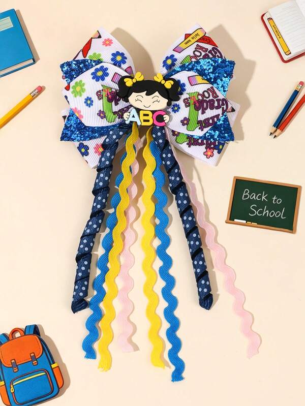 1pc Blue Sequin Back To School Girls Hair Clip With Bow, Letter & Print Decor, Curly Tassel Crocodile Clip, Cute Hair Accessory For School, Daily Wear, Party Gift, Teen Hair Clip