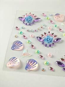 1pc Ocean Shell Style Face Rhinestone Sticker, Flower Shell Pearl Gemstone Sticker, Self-Adhesive Face Decoration Rhinestone, Suitable For Halloween, Music Festival And Various Party Makeup - Multicolor - View 10