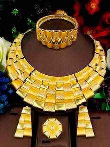 Conjunto de Joias Elegante de Alta Qualidade para Mulheres, Colar Grande, Pulseira, Anel, Brincos, Acessórios para Casamento, Banquete e Festa, Presente de Feriado, Uso Diário - Dourado - Visão 13