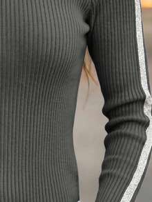 European Style Silver Glitter Zipper Cardigan Black High Neck Slim Fit Knit Sweater Party Streetwear Eye-Catching Top - Grey - View 4