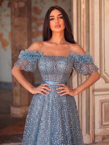 Faeriesty Sparkling Off-Shoulder Princess Style Puff Dress, Bubble Sleeves, Scattered Sequin Decoration, Satin Waistband Wedding Party - Teal Blue - View 3