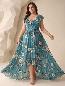 UNITHORSE Vestido de dama de honor con estampado, cuello en V con volantes, corbata desmontable y bajo asimétrico con volantes (sin posicionamiento de flores) - Verde - Ver 4