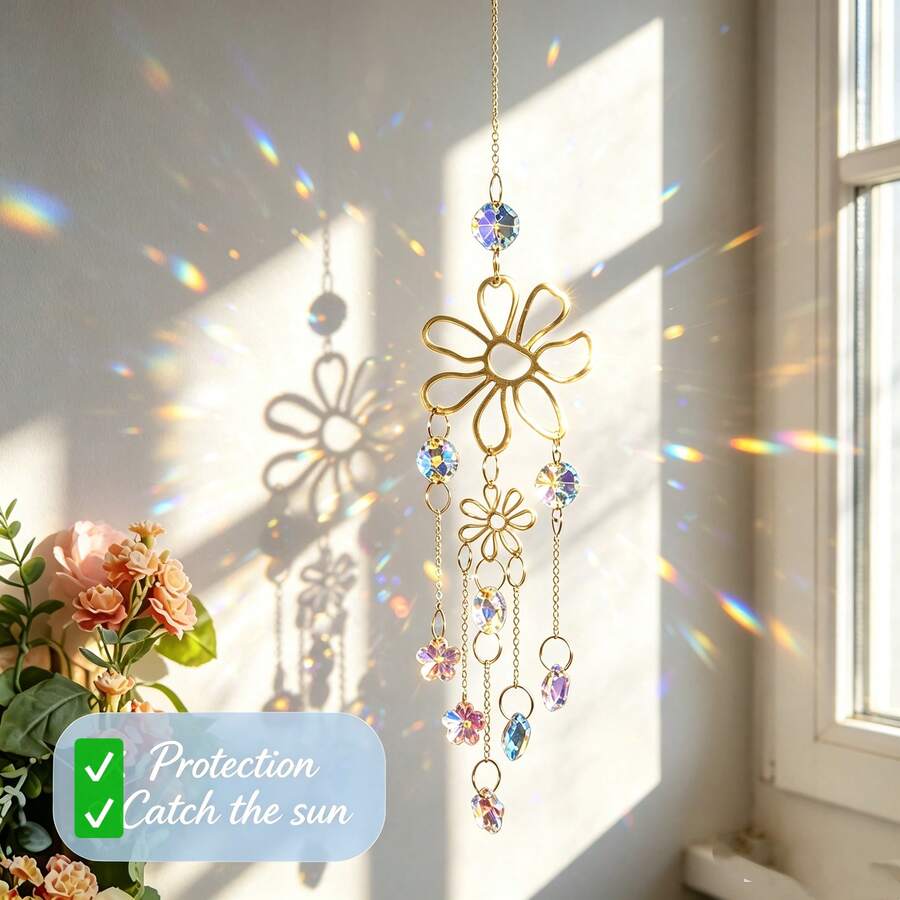 Crystal Light-Catching Wind Chime Pendant, Multi-Scene Hanging Decor, Suitable For Windows, Porches, Doors, Car Interiors, Indoor And Outdoor Home Decoration, Ideal Holiday And Daily Gift - Petal Crystal Wind Chimes - View 1