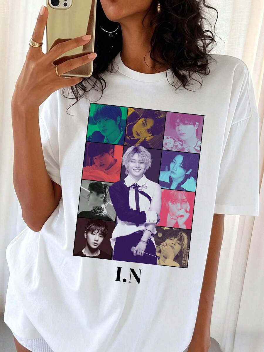 I.N Strays Kids The Eras Tours Multi-Color Grid Retro Graphic Tee - 白色 - 查看 1