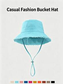 1pc Women's Drawstring Bucket Hat, Adjustable Chin Strap, Distressed Effect, Soft Fabric, Sun Protection And Windproof, Fashionable And Versatile, Suitable For Travel, Beach, Vacation, Daily Casual - Bucket Hat - View 7