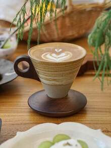 200ml Handmade Ceramic Pour-Over Coffee Cup Set | Integrated Cone-Shaped Filter And Cup Body Design | Reusable No-Filter Paper Brewing System | Rustic Stone Glaze With Wooden Tray | Suitable For Home, Office, Cafe, Camping, Travel, Tea And Coffee Lovers - Multicolor - View 2