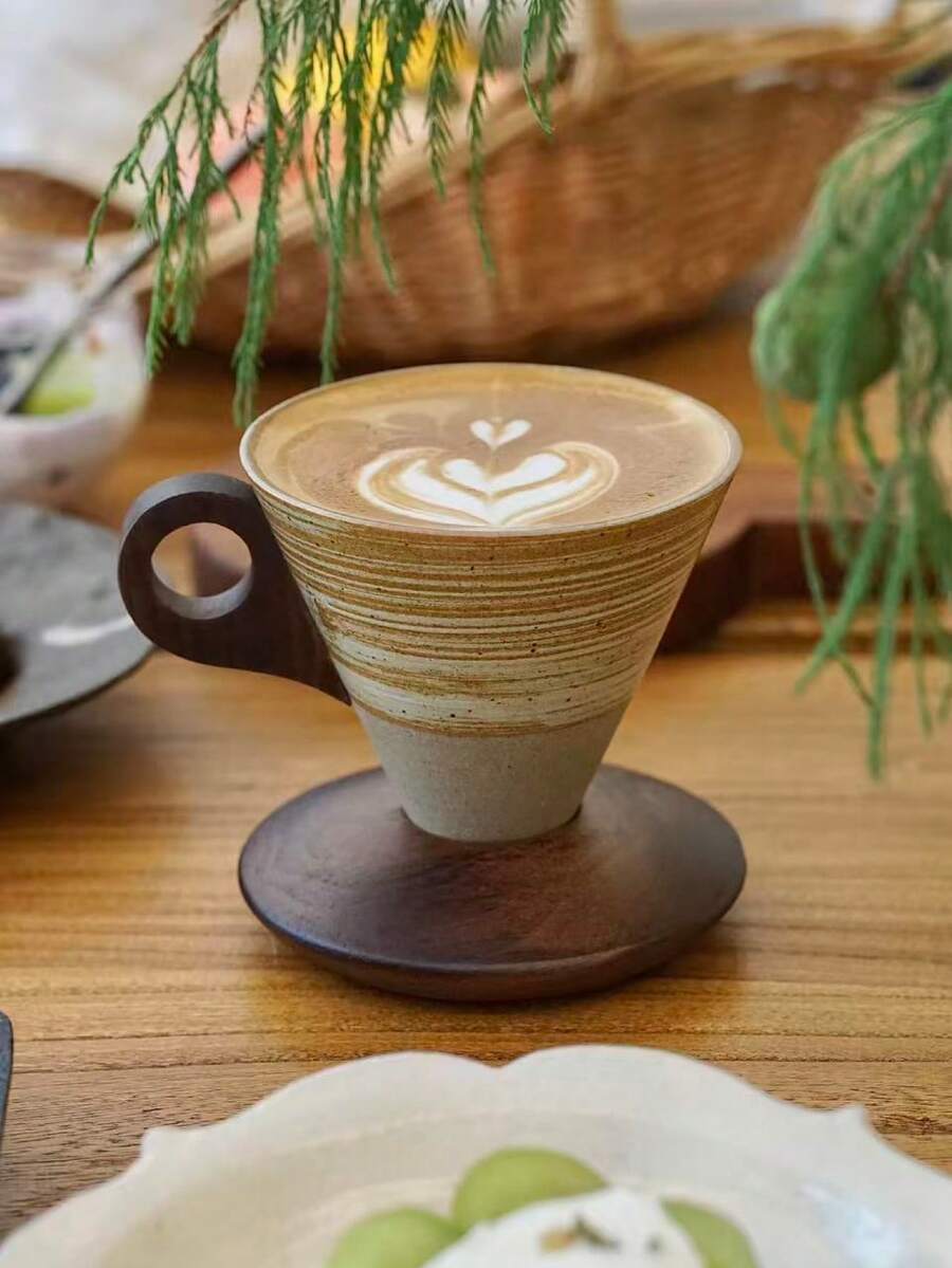 200ml Handmade Ceramic Pour-Over Coffee Cup Set | Integrated Cone-Shaped Filter And Cup Body Design | Reusable No-Filter Paper Brewing System | Rustic Stone Glaze With Wooden Tray | Suitable For Home, Office, Cafe, Camping, Travel, Tea And Coffee Lovers