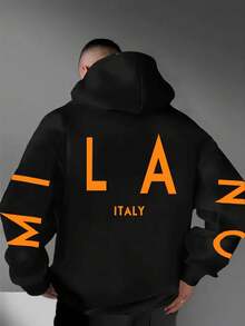 MILANO 大字母印花寬鬆連帽衛衣 男款 橘色 ITALY 黑色休閒連帽衫 - 黑色 - 查看 1