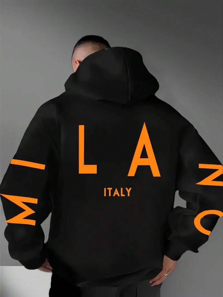 MILANO 大字母印花寬鬆連帽衛衣 男款 橘色 ITALY 黑色休閒連帽衫 - 黑色 - 查看 1