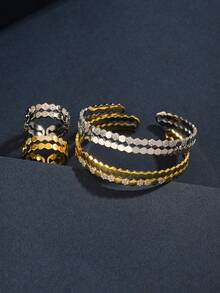 Vintage Dual-Tone Striped Bangle & Ring Set, Suitable For Women's Daily Wear - Style a Silver - View 8