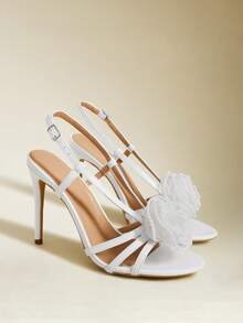 Sexy & Fashionable Floral Decor Round Toe Stiletto Heel Casual Versatile Ankle Strap White High Heel Sandals For Women - White - View 8