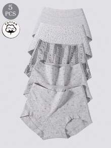 5pcs/Pack Pure Cotton Mid-Waist Printed Skin-Friendly Triangle Panties For Women - Grey - View 1