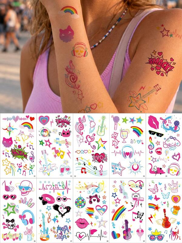 10 stuks/set, tattoo tatoeages, muziekfeestdecoratie, optreden, subculturele stijl, semi-permanente tatoeage, nep tatoeage, handtatoeage, nep tatoeages, nep tatoeage, tijdelijke tatoeages, tatoeagestickers, waterdichte tatoeage met lange houdbaarheid, tatoeages voor vrouwen, rugtatoeage