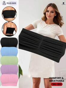 5pcs Plus Size Seamless Bandeau Bras, Wire-Free Breathable Non-Slip Bandeau Style Bra, Suitable For Yoga, Daily Layering, 1XL-5XL - Multicolor - View 2