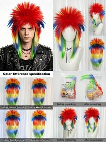 Peruca Mullet Espigada Punk Rock para Homens e Mulheres, Peruca de Cabelo Sintético com Penteado Espigado Multicolorido Arco-Íris Vermelho Branco Gradiente, Peruca de Fantasia Rocker Gótica dos Anos 80 e 90 para Halloween, Cosplay, Festa, Bar, Apresentação no Palco, Fantasia e Adereço para Foto - Multicolorido - Visão 3