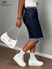Pantaloncini di jeans vintage in stile americano, vita bassa, effetto vissuto, snellenti, casual estivi - Colore originale denim - Visualizzare 5