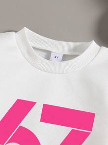 Young Girl Crew Neck Letter & Number Print Long Sleeve Sweatshirt And Pants Casual Daily Outfit - White - View 3