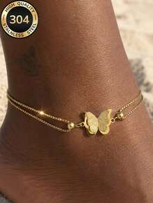 1pc 18K Gold Plated Women's Delicate 3D Butterfly Double Layer Anklet, 304 Stainless Steel, Waterproof, Fade-Resistant, Suitable For Summer Outfits, Beach Vacations, Pool Parties And Daily Wear, Anniversary, Christmas, Holiday Gifts - Anklet - View 5