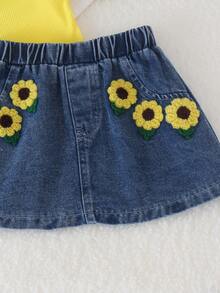 2pcs Baby Girl Cute Sweet Polo Collar Yellow Tank Top & Sunflower Denim Skirt Set, Thin Summer Style - Yellow - View 6