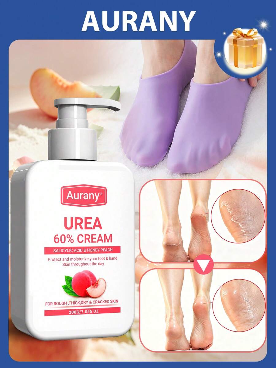AURANY 乾裂足跟修復霜,適用於乾燥粗糙足部,含60%尿素與水楊酸,荷荷芭油與蘆薈足部護理霜,深層滋潤軟化與平滑肌膚,快速吸收不油膩配方,附贈矽膠襪,200G - Urea Cream - 查看 1