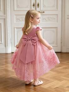 Baby Girls' Satin & Tulle Trailing Puff Dress With Bow Back, Elegant & For Birthday Party, Excluding Headband - Dusty Pink - View 5