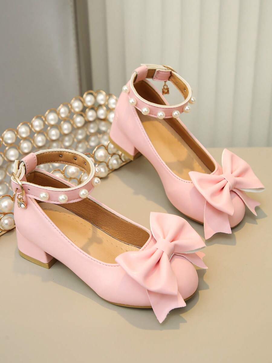 Mädchen Mary Jane Schuhe mit großer Schleife, Perlen-Knöchelriemen und klobigem niedrigem Absatz, Kinder Hochzeits- und Partykleid Schuhe, kleine Mädchen Prinzessin Schuhe