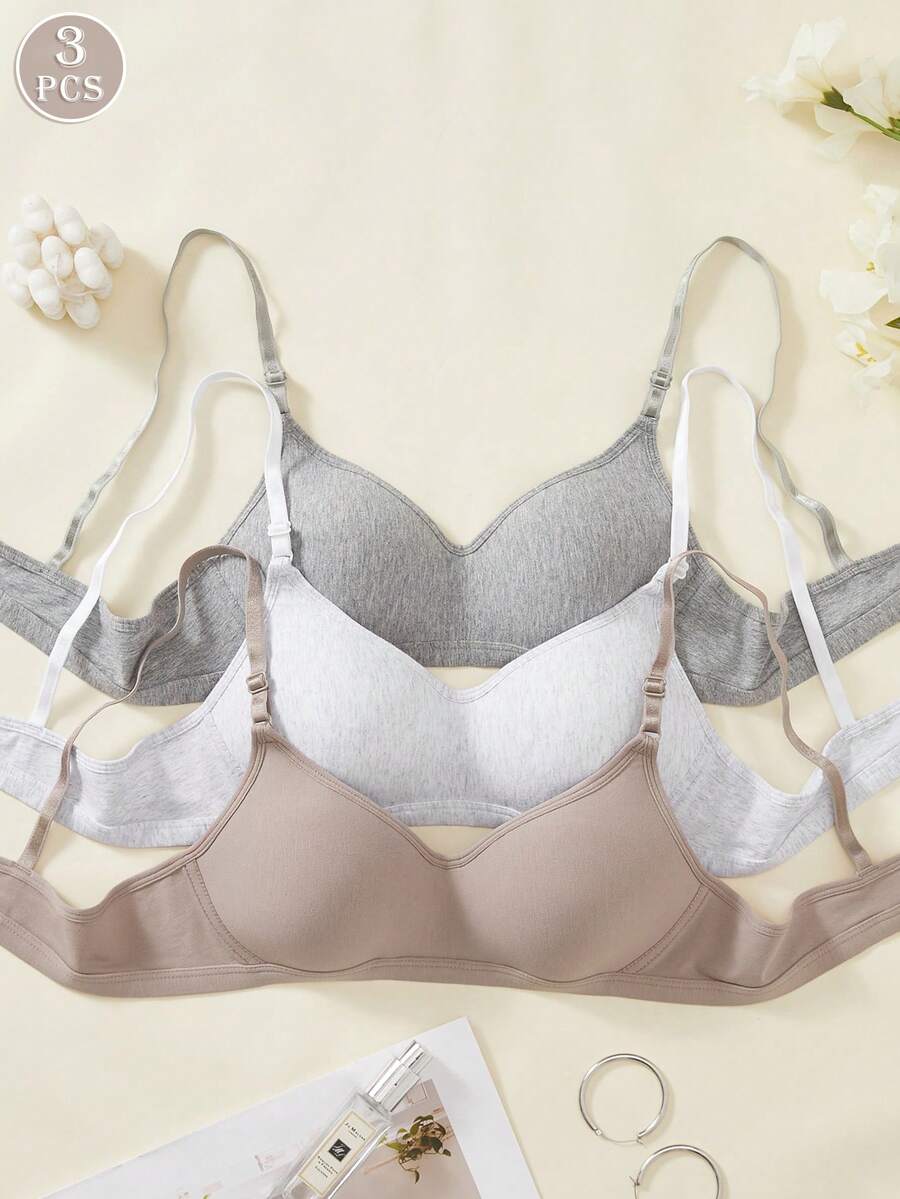 3pcs Women's Comfortable Sleep Bra, Multi-Color Wireless Soft Cup, Suitable For Small Bust, Solid Color Cotton Bra - Multicolor - View 1