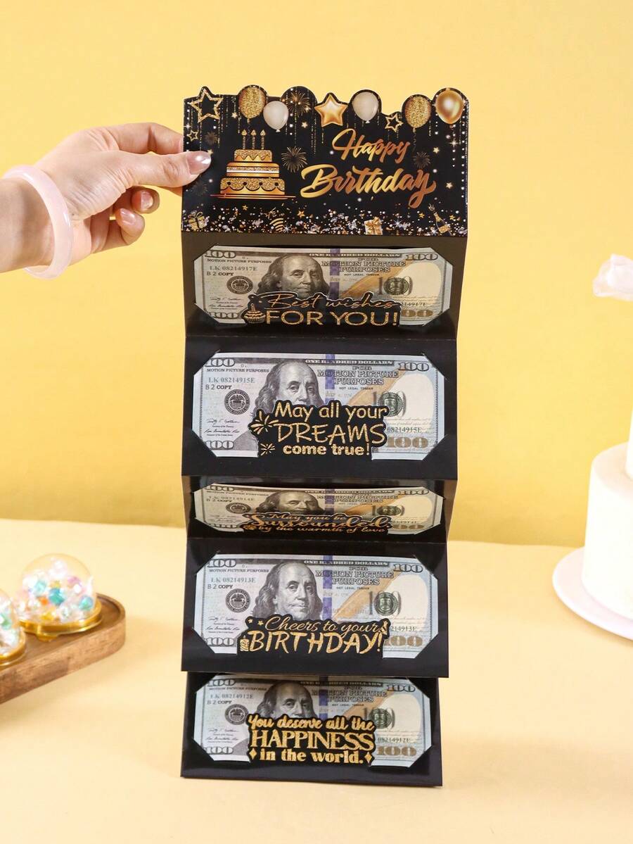 1套金色黑色生日快樂摺疊現金卡，生日蛋糕圖案現金禮金信封，適合驚喜現金禮物，生日派對用品