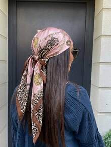 1件女款波希米亞復古豹紋方巾頭巾，休閒優雅日常佩戴，防曬披肩，海灘度假適用 - 粉色 - 查看 3