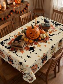 1pc-Halloween Tablecloth, Vintage Pumpkin Black Cat Moon Face Table Cover, Cute Witch Hat Star Bat Print Tablecloth, Fall Holiday Party Decor For Dining Table Kitchen, Indoor Outdoor Home Decor, Washable Reusable Table Cover - Multicolor - View 17