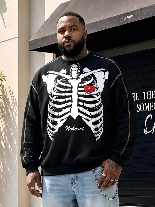 Plus Size Skeleton & Heart Print Contrast Stitching Crew Neck Sweatshirt, Loose Streetwear Casual Pullover