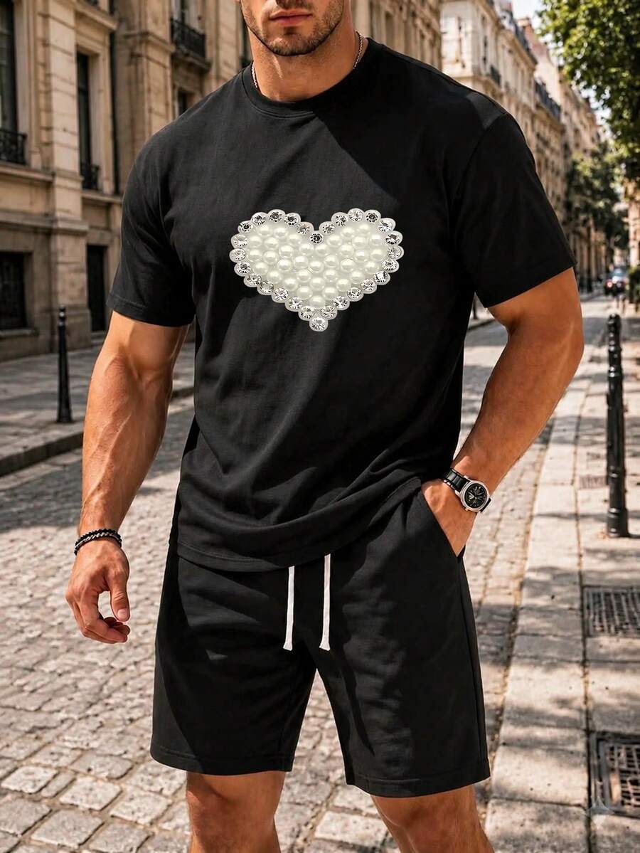 Men Urban Abstract Print T-Shirt Cotton Tee - 黑色 - 查看 1