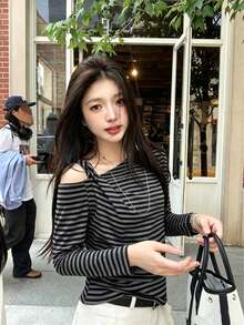 Women's Long Sleeve Cable Knit Off-Shoulder T-Shirt, Summer New Style, Elegant Slim Fit Versatile Retro Flattering Top - Stripe - View 1