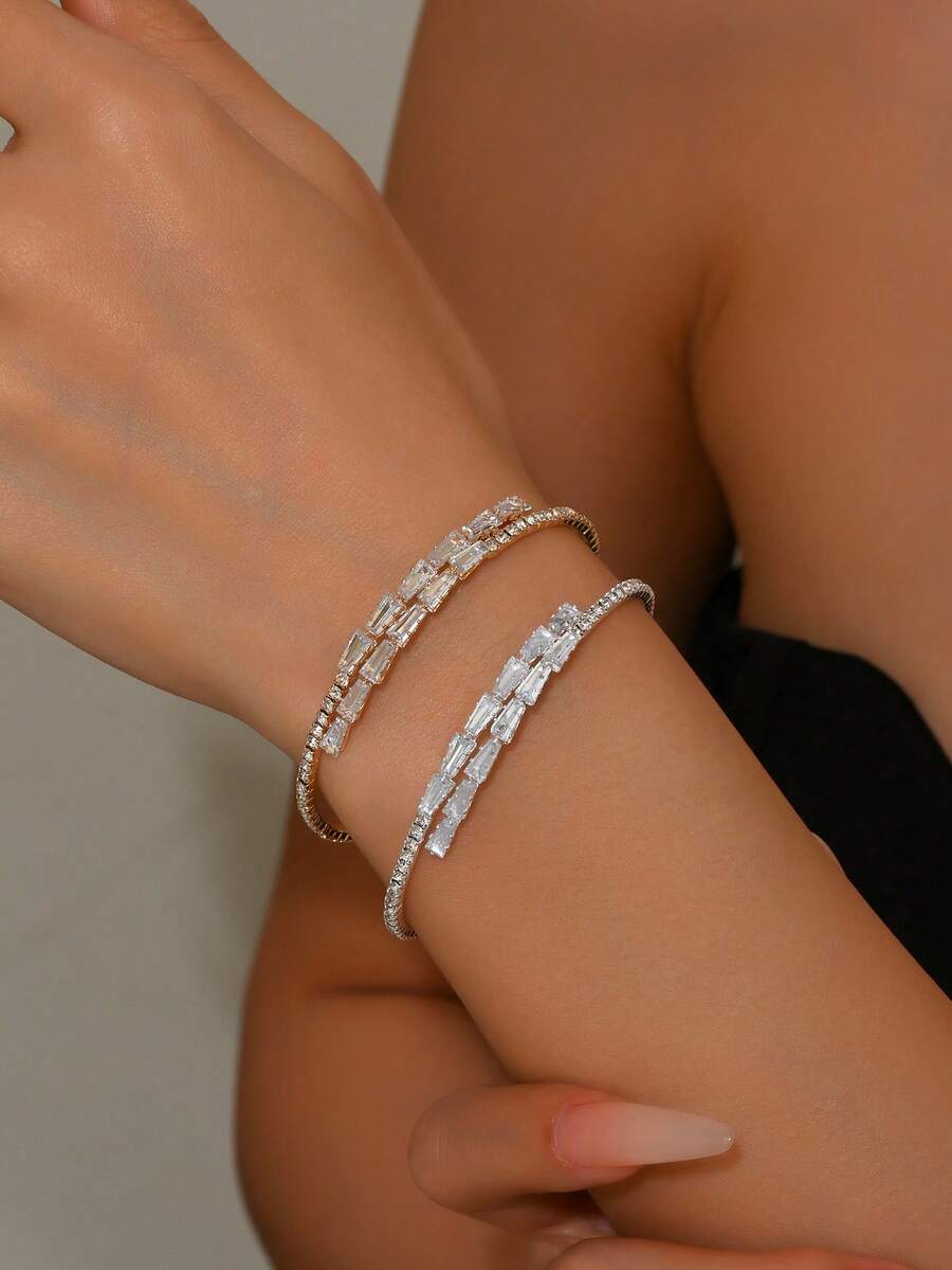 2pcs/Set Women's Elegant Luxury Geometric Design Rhinestone Crystal Bracelet Set, Versatile Elegant, Suitable For Party Wear - Gold + Silver B965 - View 1