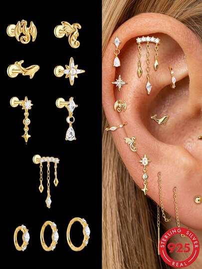 1Pc 925 Sterling Silver Dragon Star Zirconia Studs Helix/Lobe Piercing Hoop Gold Plated Skin-Friendly Jewelry Gift For Women Teen Girls Birthday Party