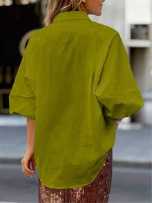 Women's White Short Petal Sleeve Button-Up Cardigan Shirt, Vintage Fashion Casual Elegant Top, Summer Style - Mustard - View 3