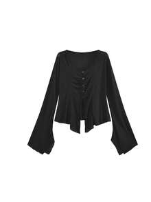 Women's Sun Protection Cardigan, Sexy Black Summer New Thin Design V-Neck Flared Long Sleeve Top - Black - View 4