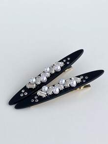 1pc New Black Pearl Rhinestone Hair Clip Women's Premium Elegant Side Alligator Hair Clip Versatile Hair Accessory - Multicolor - View 6