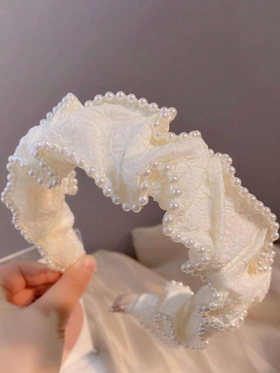 1件珍珠大蝴蝶結奶油白復古百搭髮箍 - 白色 - 查看 1