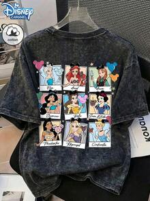 Start Cotton Summer Women's "Disney Princess" Pattern Printed Street Outing Commuting Y2K Style Black Round Neck Short Sleeve Washed T-Shirt Top - Black - View 3