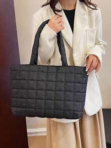1pc Embroidered Square Grid Women's Handbag, Plaid Embroidery Shoulder Tote Bag, Multi-Functional Quilted Shoulder Bag, Women's Commuter Bag, Multi-Compartment Design, Suitable For Beach, School, Work And Daily Use - Black - View 4