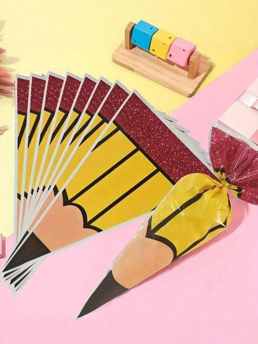 50/30/10pcs Triangle Pencil-Shaped Gift Wrapping Paper Bag. Suitable For School Start-Up Season, Graduation Ceremonies, Classroom Parties. Suitable As A Small Gift For The Start-Up Party, Or A Welcome Gift For The Teacher On The First Day Of Class - A - View 1