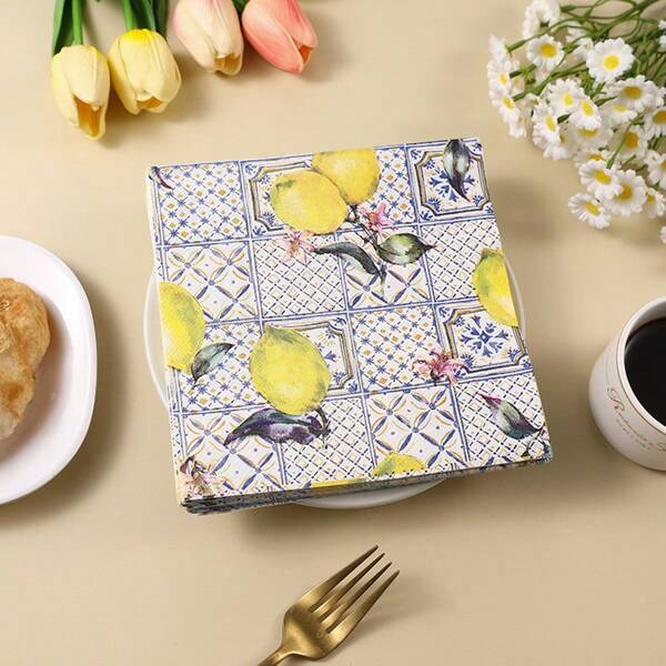 Blue Plaid Lemon Paper Napkins, Summer Fruit Disposable Napkins, Lemon Print Decorative Napkins, Suitable For Party Supplies And Tabletop Decoration
