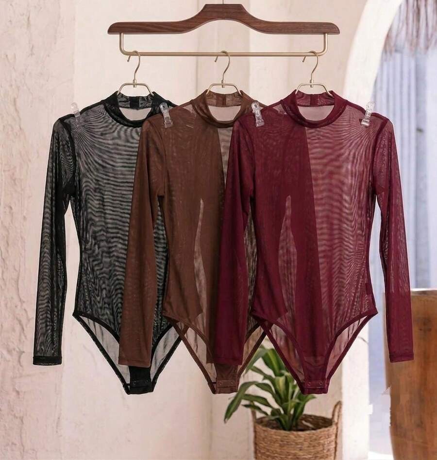 Basic Tulle Bodysuit With Long Sleeves - Fall/Winter 2025 Fashion - 3-black+Brown+Wine - View 1
